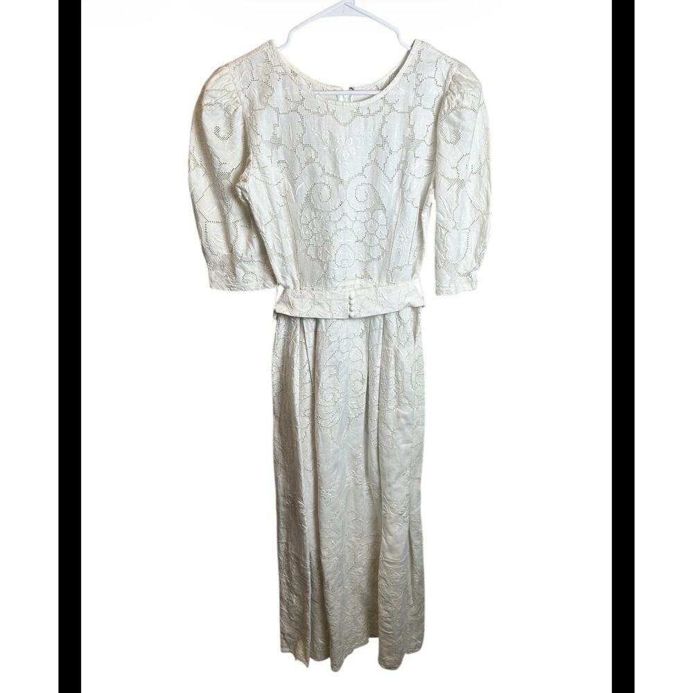 Vintage 80s Hand Embroidered Linen Blend Maxi Paper White Dress Size 10